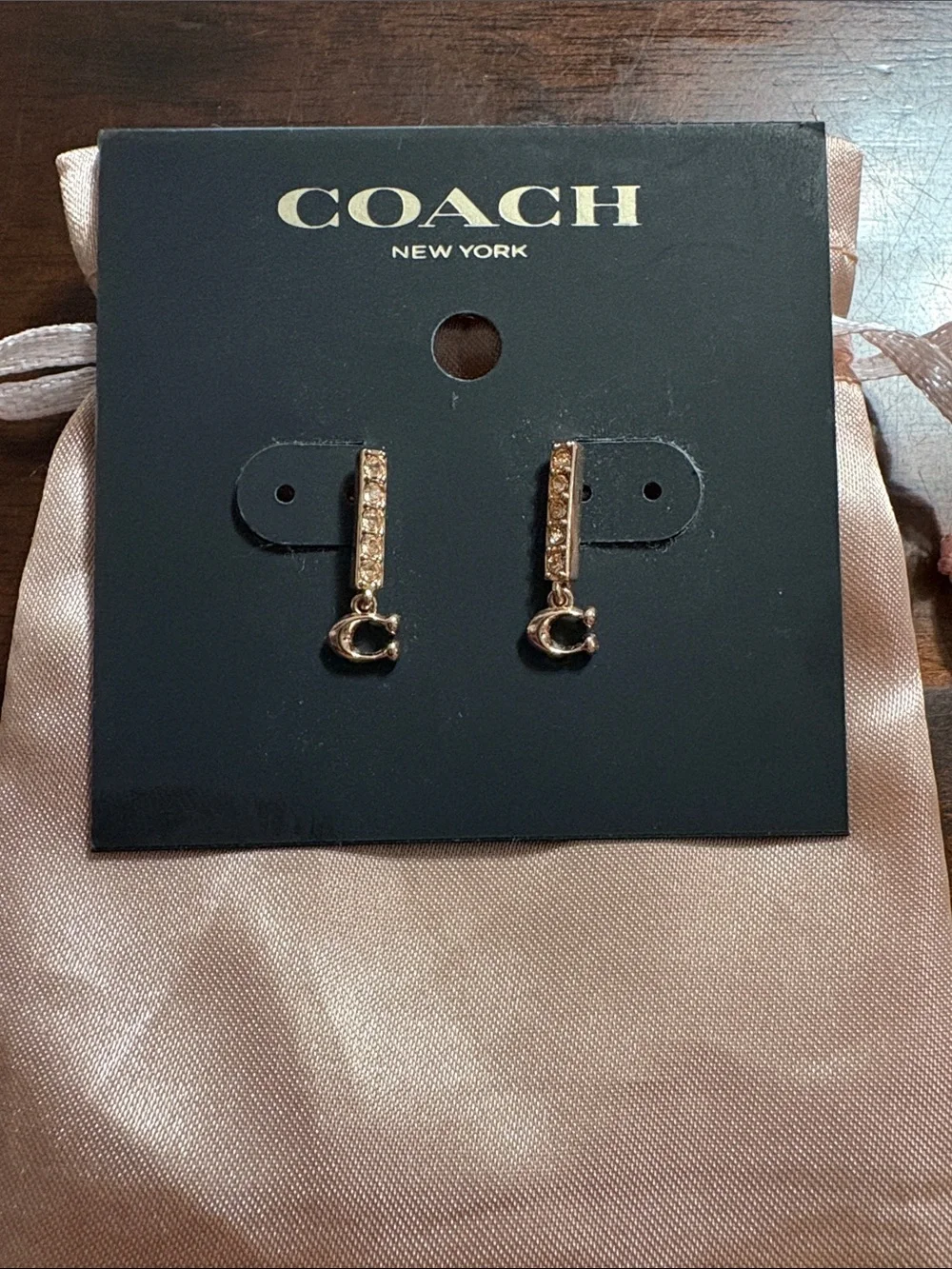 COACH Rose Gold Crystal Bar Charm Drop Earrings